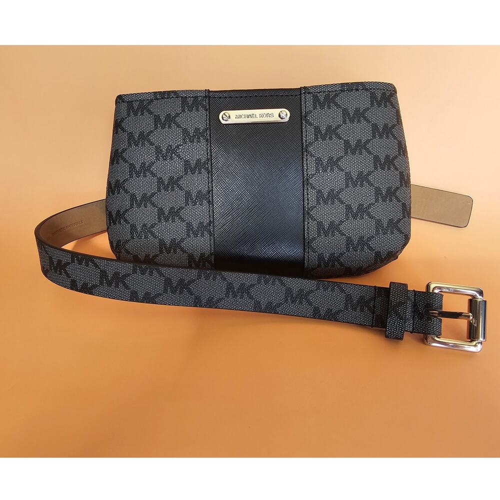 Michael Kors MK Signature Logo Belt Bag Black Saffiano Stripe Fanny Pack S/M